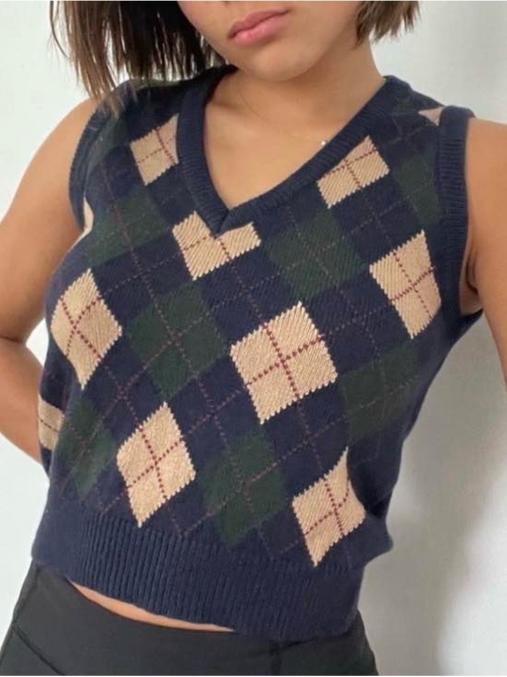 Brandy Melville Navy Argyle V-Neck Sweater Vest with Beige & Green Diamonds